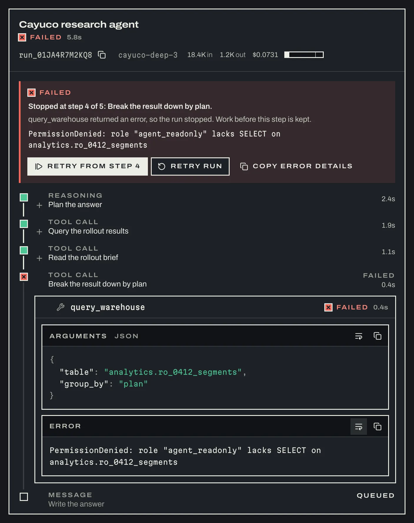 A failed agent run in the dark theme: stopped at step 4 of 5, the tool's permission error shown as a literal, buttons to retry from step 4, retry the run, or copy the error details, and the completed steps kept above it